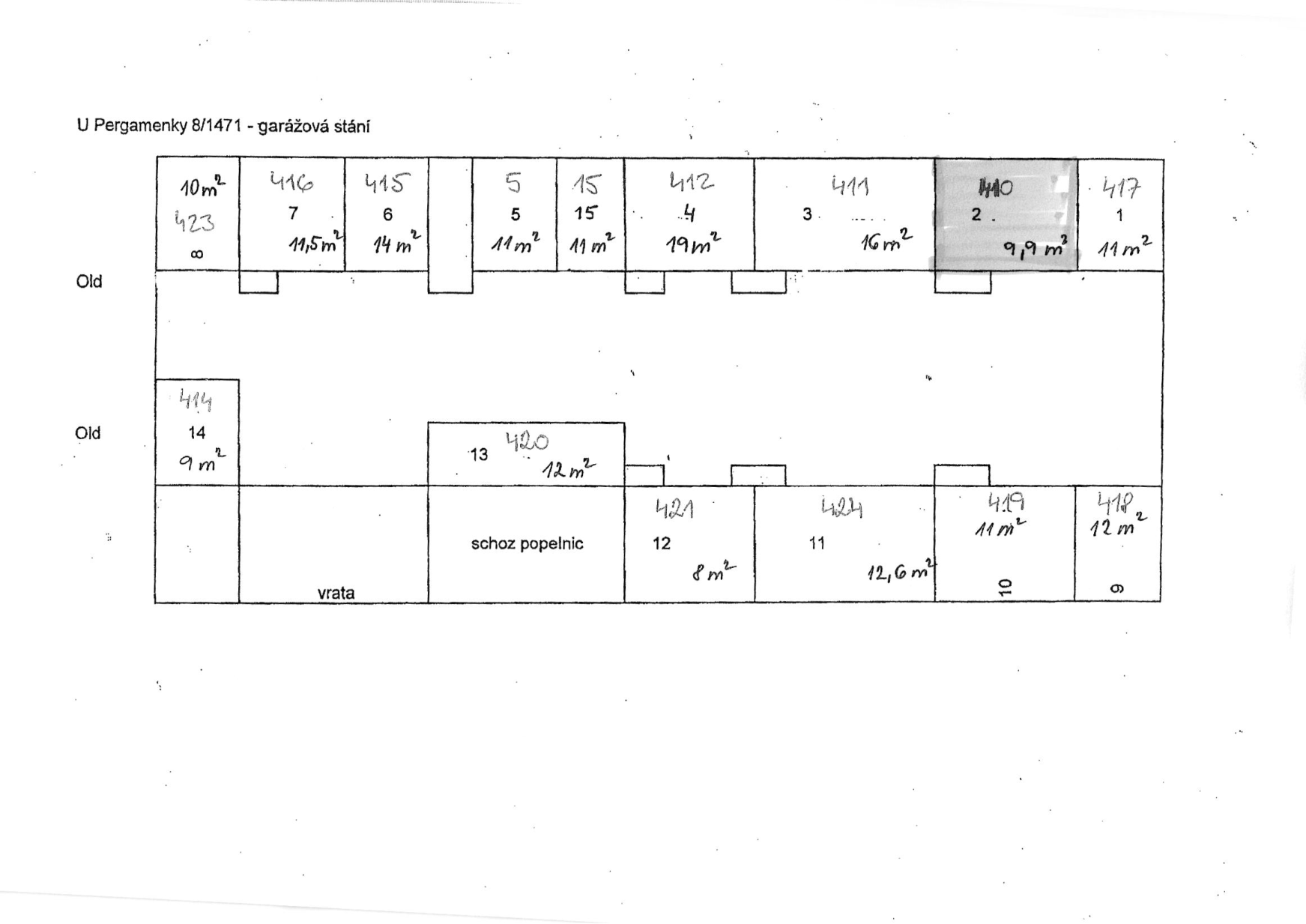 Schéma garážových stání v objektu U Pergamenky 8/1471.