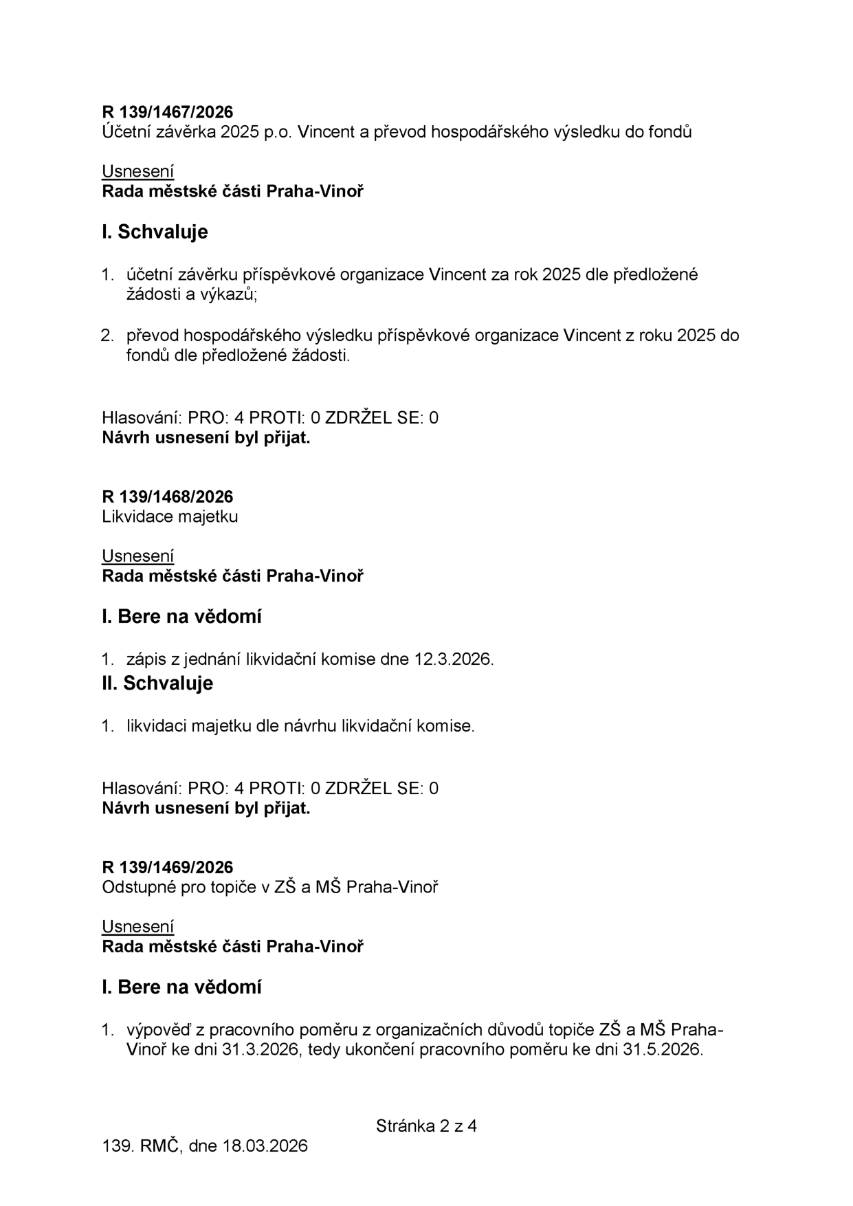 Výpis z usnesení Rady městské části Praha-Vinoř ze dne 18.03.2026 (stránka 2 ze 4). Obsahuje tři usnesení: 1) R 139/1467/2026: Schválení účetní závěrky 2025 p.o. Vincent a převod hospodářského výsledku do fondů (hlasování 4-0-0). 2) R 139/1468/2026: Likvidace majetku – vzato na vědomí zápis z jednání likvidační komise ze dne 12.3.2026 a schválena likvidace majetku dle návrhu komise (hlasování 4-0-0). 3) R 139/1469/2026: Odstupné pro topiče v ZŠ a MŠ Praha-Vinoř – vzato na vědomí výpověď z pracovního poměru z organizačních důvodů k 31.3.2026, ukončení poměru ke dni 31.5.2026.