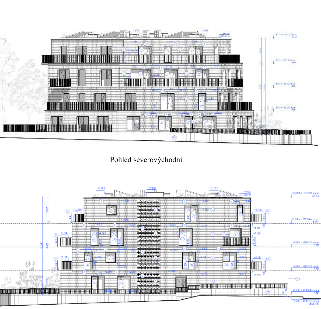 Architektonický plán stavby bytového domu, pohledy na fasády. Horní část: 'Pohled severovýchodní'. Dolní část: pohled na fasádu s kótami výšek podlaží (např. +12,760, +9,190, +6,190, +3,190, +0,250). Výkres obsahuje technické značení oken, dveří, balkonů a výškových úrovní jednotlivých podlaží (1.NP až 4.NP).