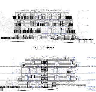 Architektonický plán stavby bytového domu, pohledy na fasády. Horní část: 'Pohled severovýchodní'. Dolní část: pohled na fasádu s kótami výšek podlaží (např. +…
