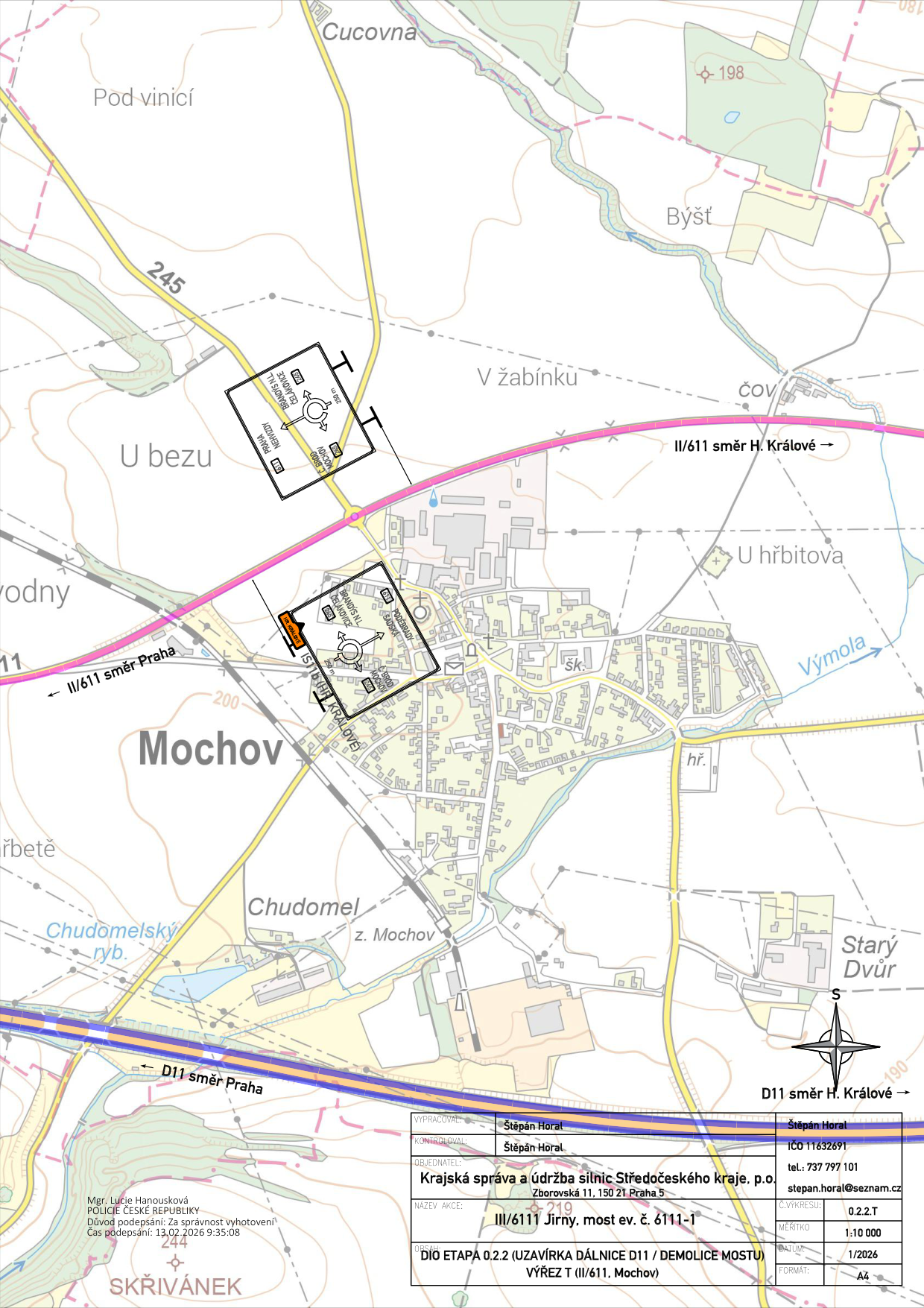 Situační nákres dopravního značení a uzavírky v obci Mochov v souvislosti s demolicí mostu.