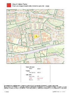 Dokument 'Hlavní město Praha - Cenová mapa stavebních pozemků pro rok 2026'. Obsahuje mapový výřez oblasti v Praze (ulice Hartigova, Biskupcova, Rixdorfská, Pl…