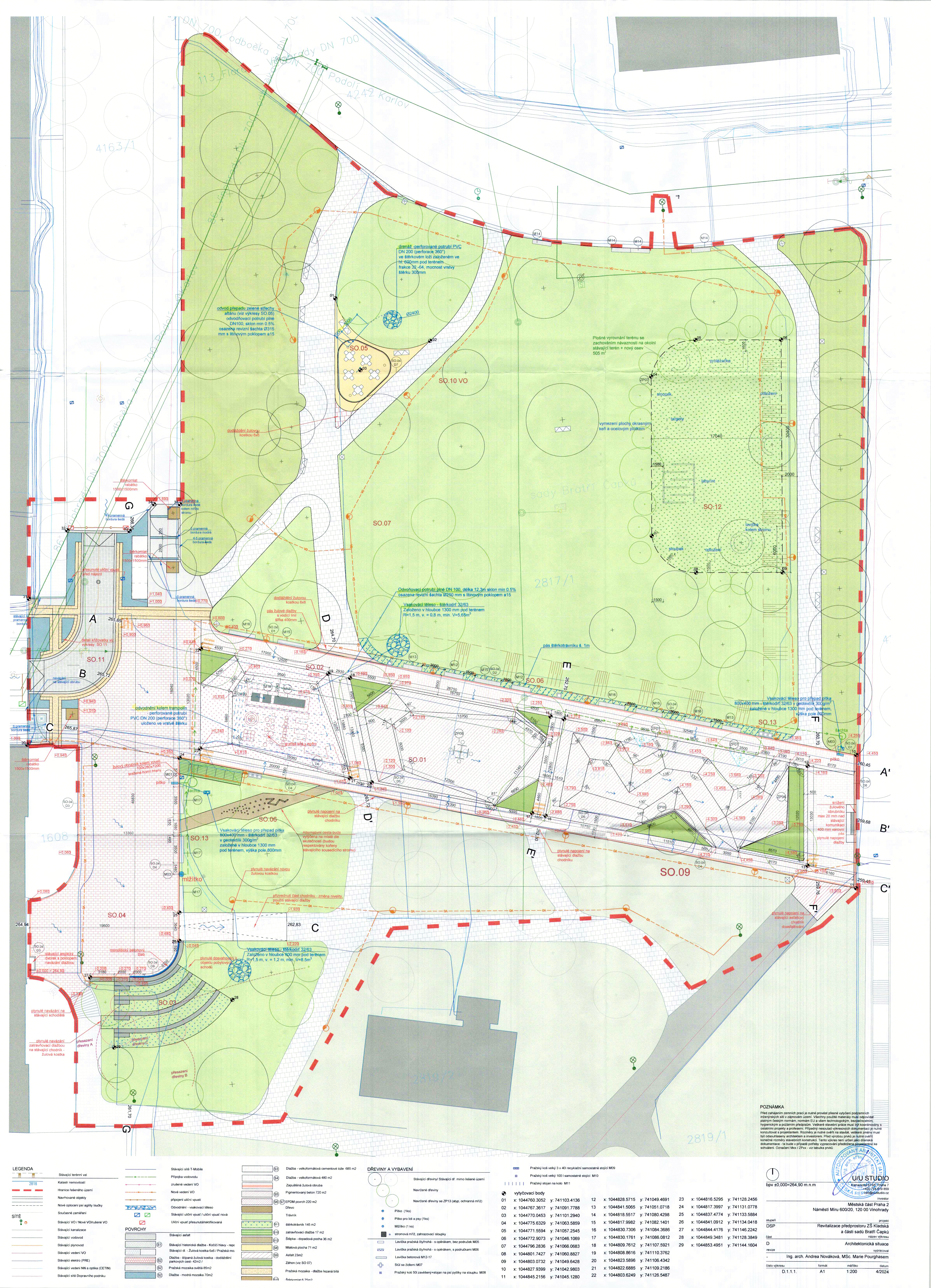Koordinační situační výkres revitalizace veřejného prostoru (parku) s vyznačením objektů a technických prvků.