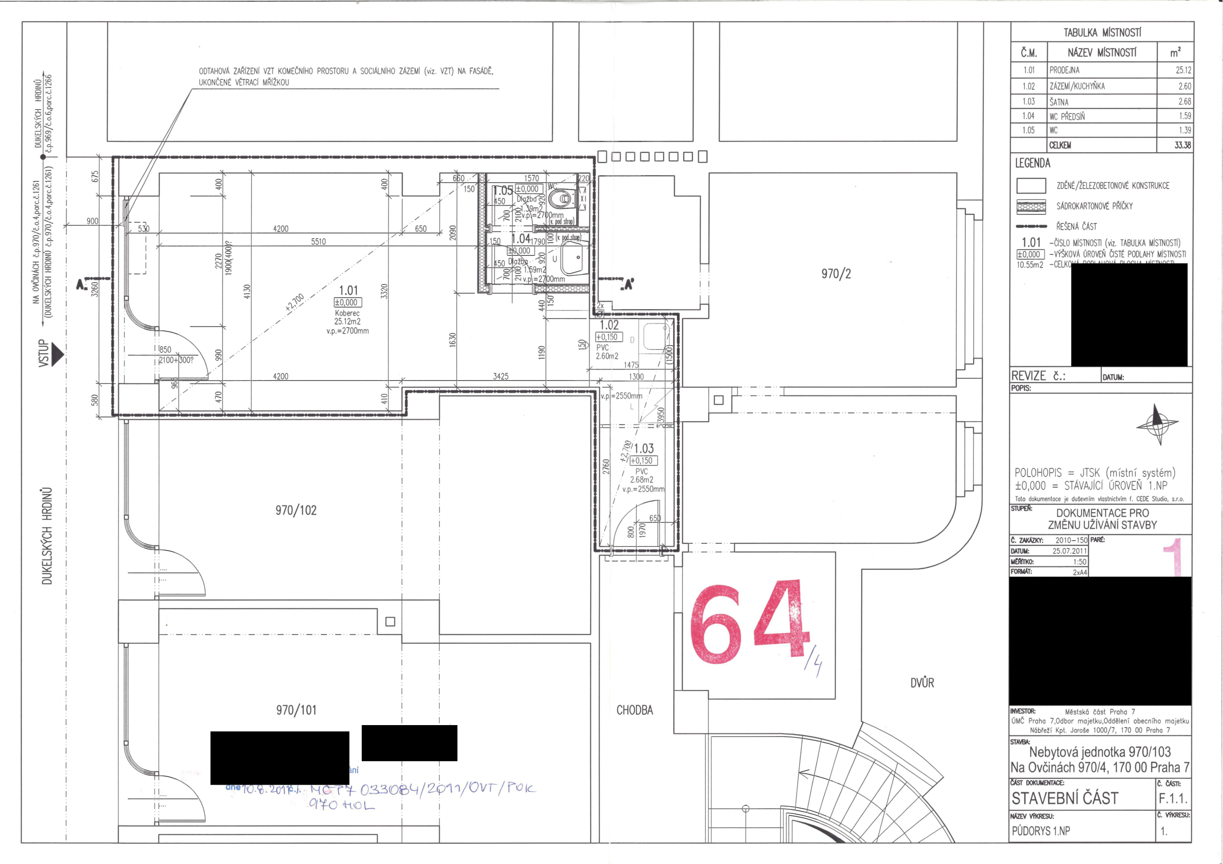Půdorys nebytové jednotky 970/103 v Praze 7 v rámci stavebního řízení.