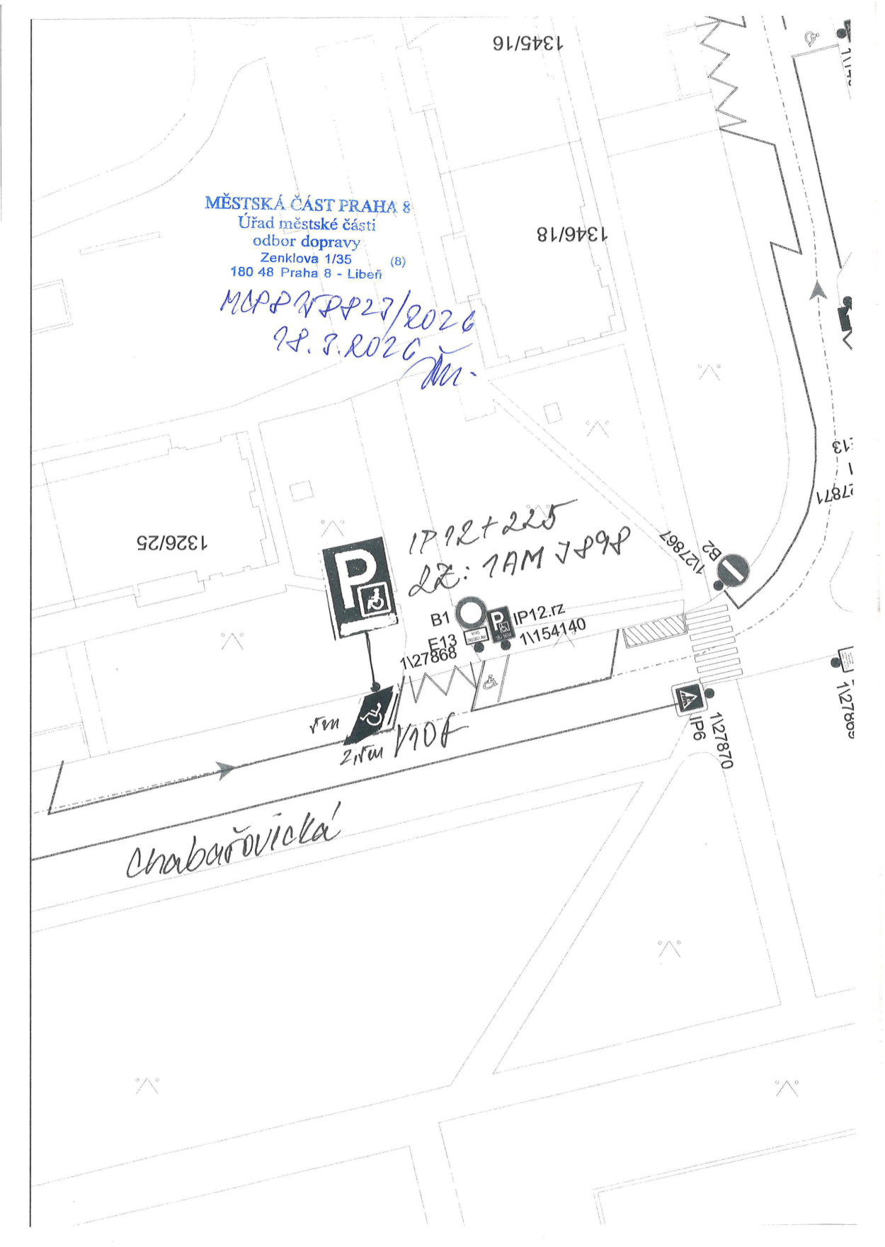 Situační nákres dopravního značení pro parkovací místa v ulici Chabařovická.