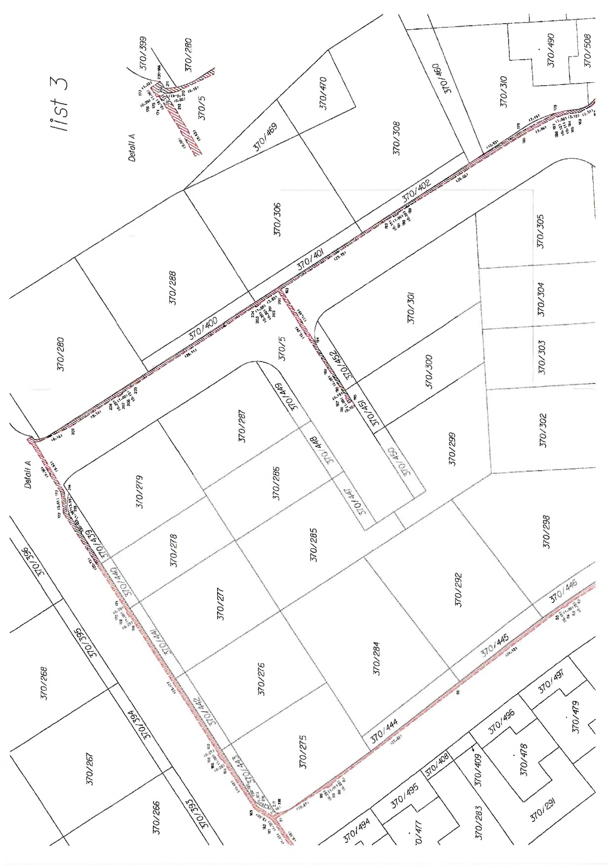 Katastrální mapa zobrazující parcelní čísla pozemků, včetně detailu A. Zobrazená čísla parcel: 370/266, 370/267, 370/268, 370/275, 370/276, 370/277, 370/278, 370/279, 370/280, 370/283, 370/284, 370/285, 370/287, 370/288, 370/291, 370/292, 370/298, 370/299, 370/300, 370/301, 370/302, 370/303, 370/304, 370/305, 370/306, 370/308, 370/310, 370/393, 370/394, 370/395, 370/396, 370/399, 370/400, 370/401, 370/402, 370/408, 370/409, 370/439, 370/440, 370/441, 370/442, 370/443, 370/444, 370/445, 370/446, 370/447, 370/448, 370/449, 370/450, 370/451, 370/452, 370/460, 370/469, 370/470, 370/477, 370/478, 370/479, 370/490, 370/494, 370/495, 370/496, 370/497, 370/5, 370/508. Mapa obsahuje vyznačené hranice pozemků a technické kóty.