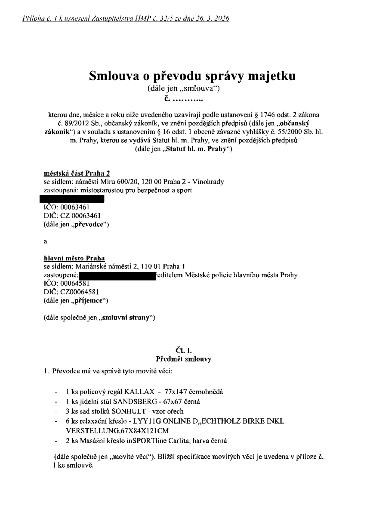 Smlouva o převodu správy movitého majetku, konkrétně kancelářského a relaxačního nábytku.