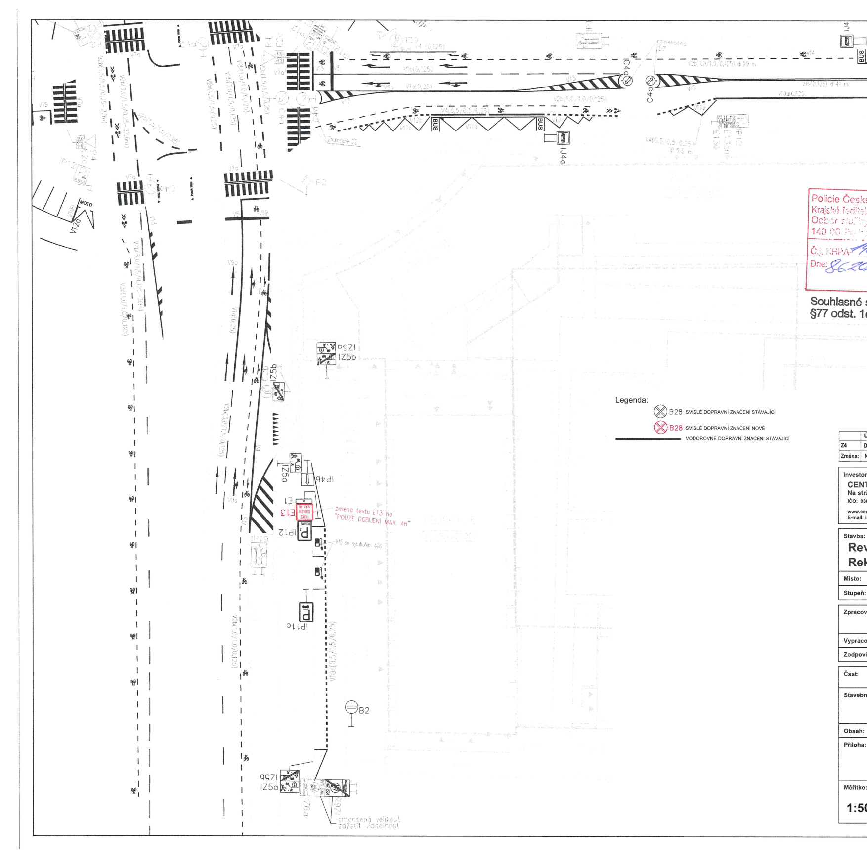 Projektová dokumentace dopravního značení (situační nákres). Obsahuje technické značení vodorovného a svislého dopravního značení (např. BUS, IP12, IZ5b, V12a, V4). V pravé části je razítko Policie České republiky, Krajské ředitelství, odbor služby dopravní policie, s datem 8.6.2020. V pravém dolním rohu je tabulka s informacemi o investorovi (CENTRA), měřítko 1:500 a další technické údaje.