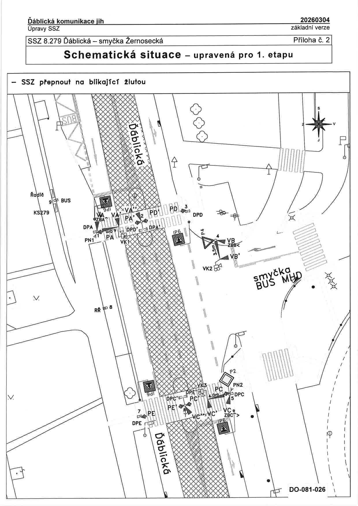 Schematický nákres dopravního značení a světelné signalizace v ulici Ďáblická.