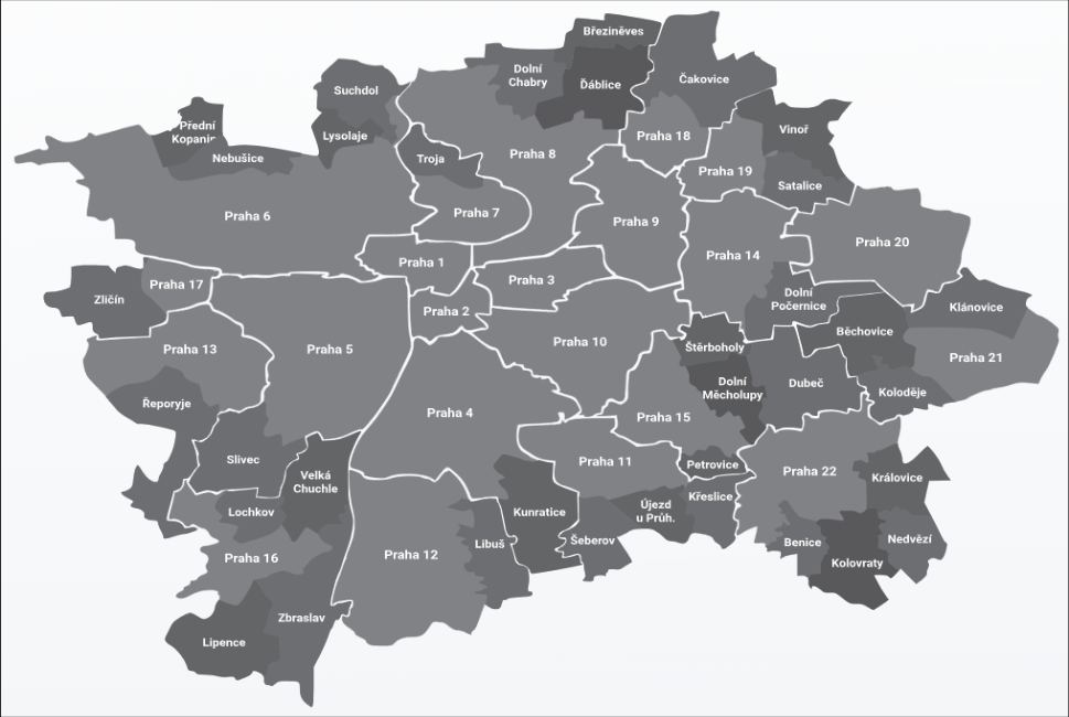 Mapa městských částí Prahy. Zobrazené oblasti: Březiněves, Čakovice, Ďáblice, Dolní Chabry, Suchdol, Lysolaje, Troja, Praha 8, Praha 18, Praha 19, Vinoř, Satalice, Praha 9, Praha 14, Praha 20, Klánovice, Praha 21, Běchovice, Dolní Počernice, Štěrboholy, Dubeč, Koloděje, Praha 10, Praha 3, Praha 1, Praha 7, Praha 6, Přední Kopanina, Nebušice, Zličín, Praha 17, Praha 13, Řeporyje, Praha 5, Praha 2, Praha 4, Slivenec, Velká Chuchle, Lochkov, Praha 16, Zbraslav, Lipence, Praha 12, Libuš, Kunratice, Šeberov, Újezd u Průh., Praha 11, Petrovice, Křeslice, Dolní Měcholupy, Praha 15, Praha 22, Královice, Benice, Kolovraty, Nedvězí.
