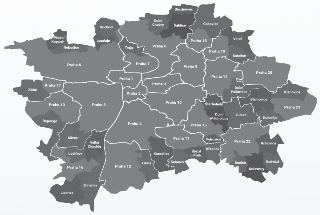 Mapa městských částí Prahy. Zobrazené oblasti: Březiněves, Čakovice, Ďáblice, Dolní Chabry, Suchdol, Lysolaje, Troja, Praha 8, Praha 18, Praha 19, Vinoř, Satal…