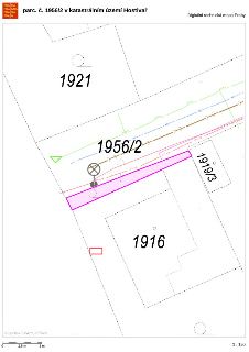 Digitální technická mapa Prahy zobrazující parcelu č. 1956/2 v katastrálním území Hostivař. Mapa obsahuje čísla okolních parcel (1921, 1916, 1919/3), grafické…