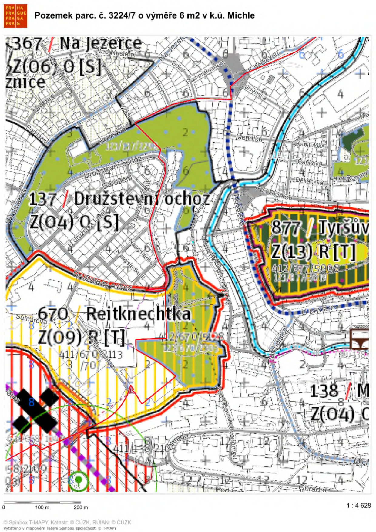 Mapa územního plánu s vyznačením parcely č. 3224/7 v k.ú. Michle.