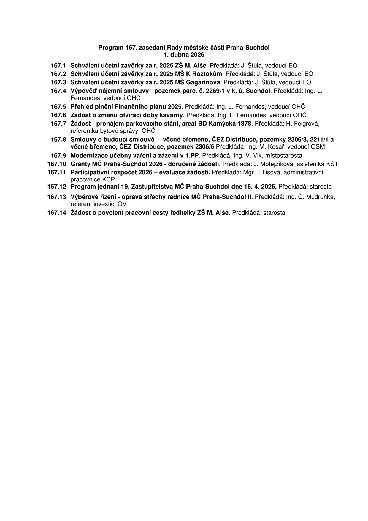 Program 167. zasedání Rady městské části Praha-Suchdol, 1. dubna 2026. Body jednání: 167.1 Schválení účetní závěrky za r. 2025 ZŠ M. Alše (předkládá J. Štůla), 167.2 Schválení účetní závěrky za r. 2025 MŠ K Roztokům (předkládá J. Štůla), 167.3 Schválení účetní závěrky za r. 2025 MŠ Gagarinova (předkládá J. Štůla), 167.4 Výpověď nájemní smlouvy - pozemek parc. č. 2269/1 v k. ú. Suchdol (předkládá Ing. L. Fernandes), 167.5 Přehled plnění Finančního plánu 2025 (předkládá Ing. L. Fernandes), 167.6 Žádost o změnu otevírací doby kavárny (předkládá Ing. L. Fernandes), 167.7 Žádost - pronájem parkovacího stání, areál BD Kamýcká 1378 (předkládá H. Felgrová), 167.8 Smlouvy o budoucí smlouvě – věcné břemeno, ČEZ Distribuce, pozemky 2306/3, 2211/1 a věcné břemeno, ČEZ Distribuce, pozemek 2306/6 (předkládá Ing. M. Kosař), 167.9 Modernizace učebny vaření a zázemí v 1.PP (předkládá Ing. V. Vik), 167.10 Granty MČ Praha-Suchdol 2026 - doručené žádosti (předkládá J. Motejžíková), 167.11 Participativní rozpočet 2026 – evaluace žádostí (předkládá Mgr. I. Lisová), 167.12 Program jednání 19. Zastupitelstva MČ Praha-Suchdol dne 16. 4. 2026 (předkládá starosta), 167.13 Výběrové řízení - oprava střechy radnice MČ Praha-Suchdol II. (předkládá Ing. Č. Mudruňka), 167.14 Žádost o povolení pracovní cesty ředitelky ZŠ M. Alše (předkládá starosta).