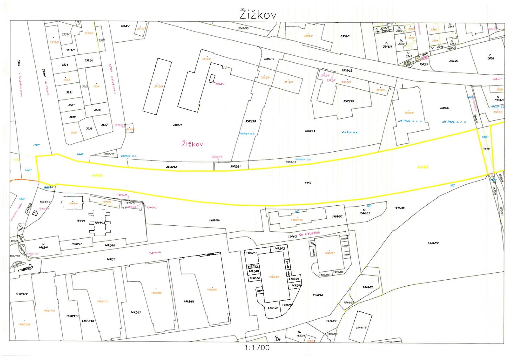 Katastrální mapa území v lokalitě Žižkov se zvýrazněnými pozemky.