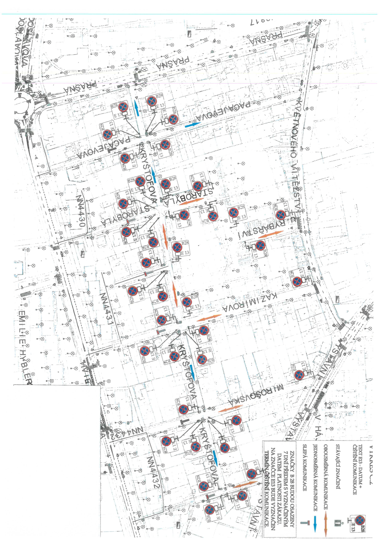 Dopravní plán pro čištění komunikací znázorňující rozmístění zákazových značek v ulicích.