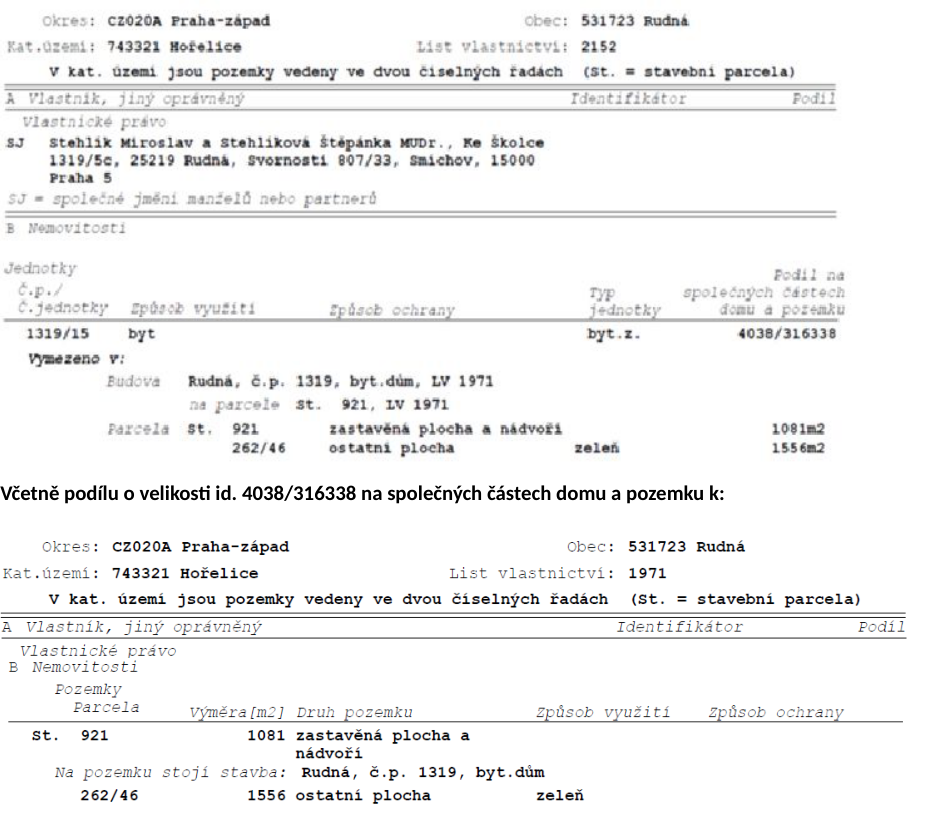 Výpis z katastru nemovitostí. Horní část: Okres CZ020A Praha-západ, obec 531723 Rudná, kat. území 743321 Hořelice, list vlastnictví 2152. Vlastníci: Stehlík Miroslav a Stehlíková Štěpánka MUDr., Ke školce 1319/5c, 2519 Rudná, Svornosti 807/33, Smíchov, 15000 Praha 5 (společné jmění manželů). Jednotka č. 1319/15, byt, podíl na společných částech domu a pozemku 4038/316338. Budova Rudná, č.p. 1319, byt. dům na parcele st. 921. Parcela st. 921 (zastavěná plocha a nádvoří, 1081 m2) a parcela 262/46 (ostatní plocha, zeleň, 1556 m2). Dolní část: Okres CZ020A Praha-západ, obec 531723 Rudná, kat. území 743321 Hořelice, list vlastnictví 1971. Pozemky: st. 921 (1081 m2, zastavěná plocha a nádvoří, na pozemku stojí stavba Rudná, č.p. 1319, byt. dům) a 262/46 (1556 m2, ostatní plocha, zeleň).