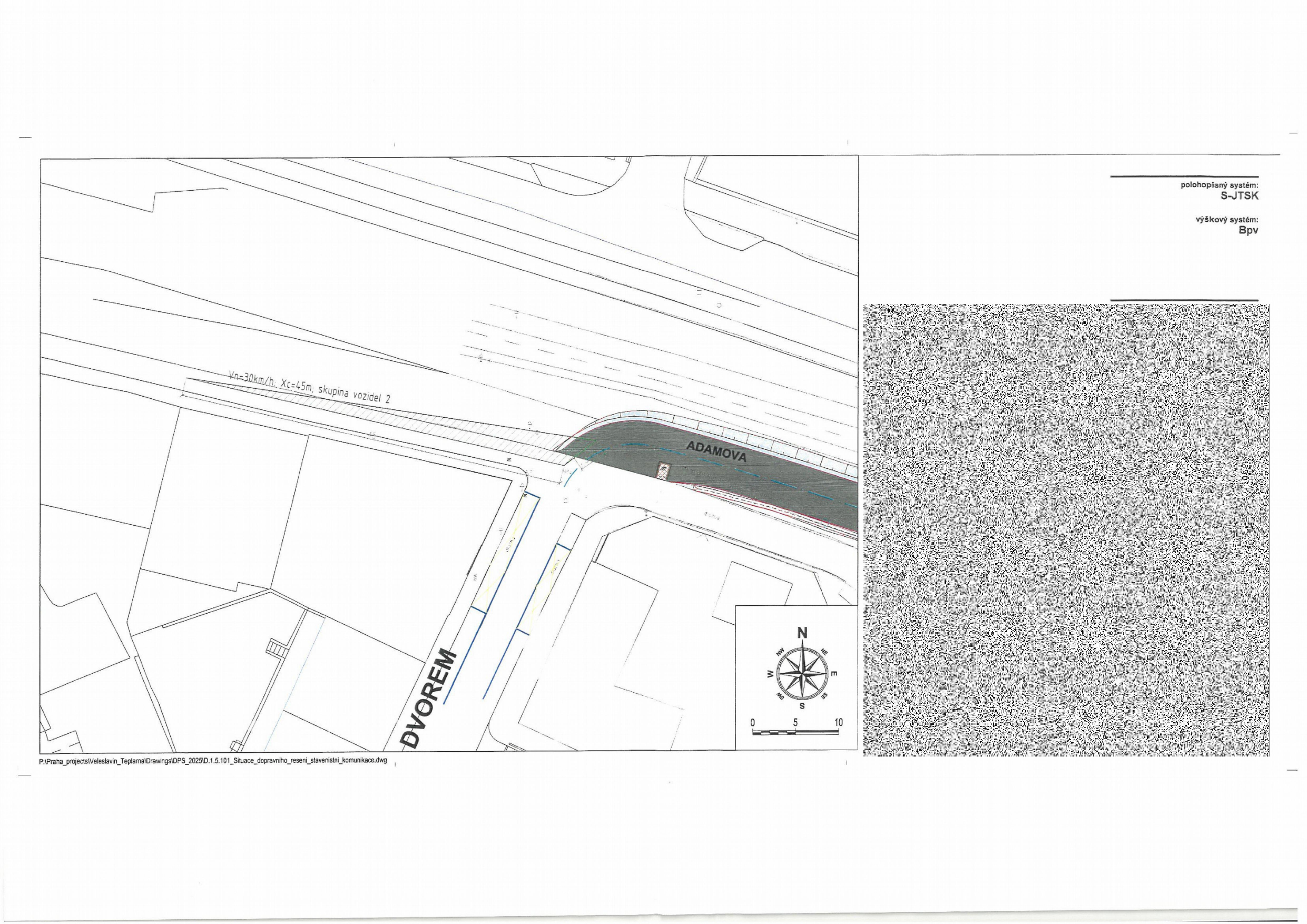 Koordinační situační výkres dopravního řešení křižovatky ulic Adamova a Dvoremi.
