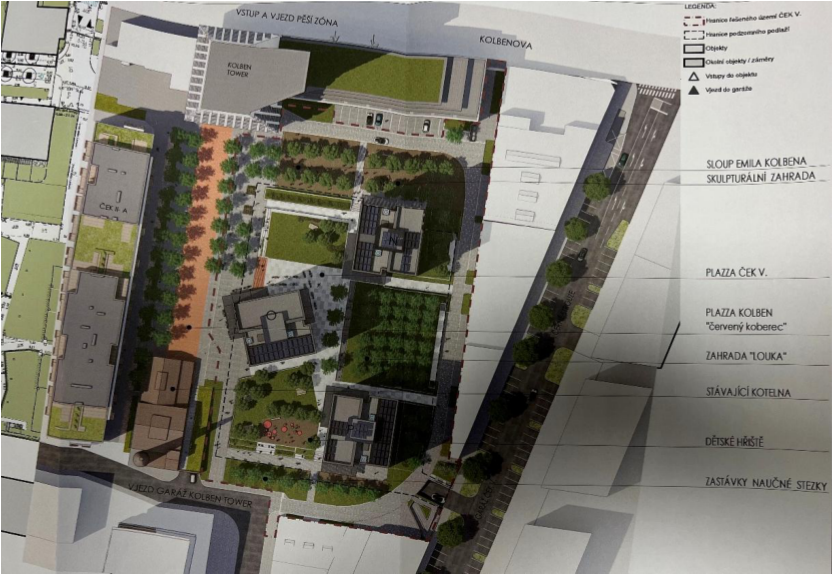 Koordinační situace architektonického návrhu projektu ČEK V. se zakreslením budov, zeleně a veřejných prostorů.