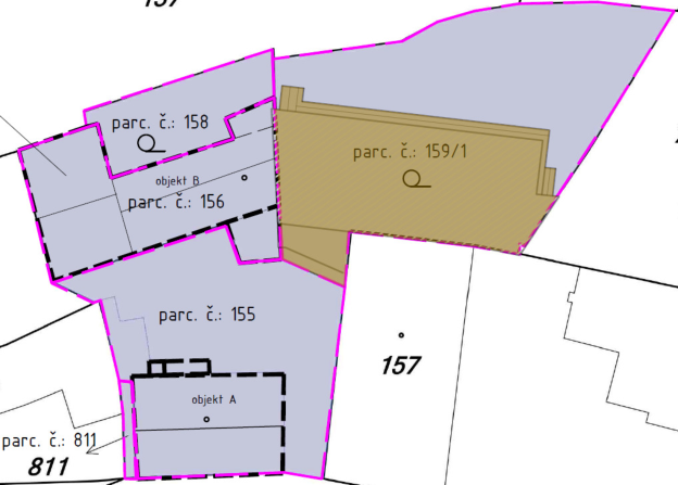 Výřez katastrální mapy se zákresem parcel a objektů A a B.