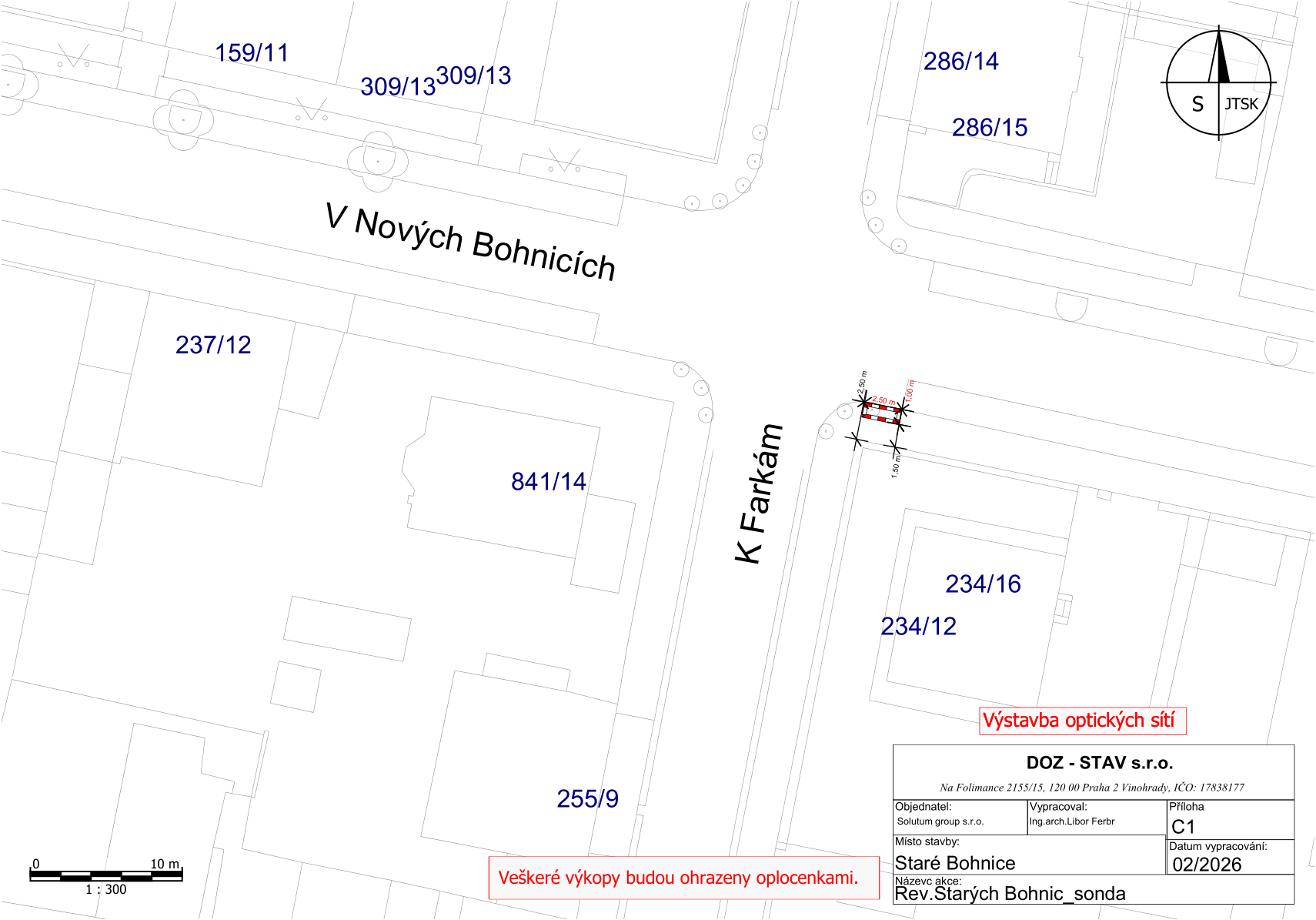 Situační nákres stavby optické sítě v lokalitě Staré Bohnice, Praha. Mapa zobrazuje parcely (např. 159/11, 309/13, 237/12, 841/14, 255/9, 286/14, 286/15, 234/16, 234/12) a ulice V Nových Bohnicích a K Farkám. Vyznačeno místo výkopu s rozměry (2,50 m, 1,00 m, 1,50 m). Texty v dokumentu: 'Výstavba optických sítí', 'Veškeré výkopy budou ohrazeny oplocenkami.', 'DOZ - STAV s.r.o.', 'Na Folimance 2155/15, 120 00 Praha 2 Vinohrady, IČO: 17838177', 'Objednatel: Solutum group s.r.o.', 'Vypracoval: Ing.arch.Libor Ferbr', 'Příloha: C1', 'Místo stavby: Staré Bohnice', 'Datum vypracování: 02/2026', 'Název akce: Rev.Starých Bohnic_sonda'. Měřítko 1:300.