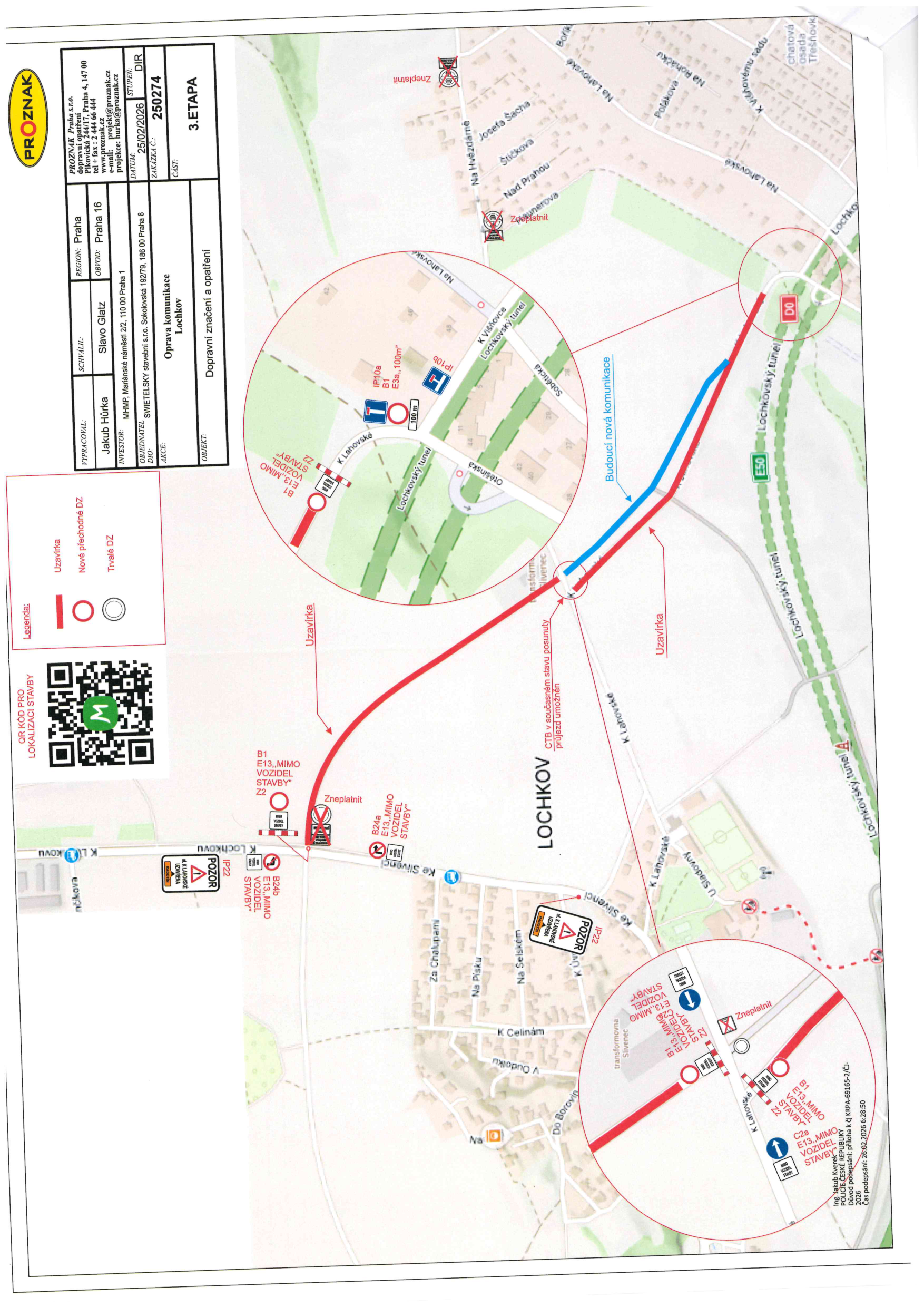Plán dopravního značení a uzavírky komunikace v Lochkově pro 3. etapu opravy.