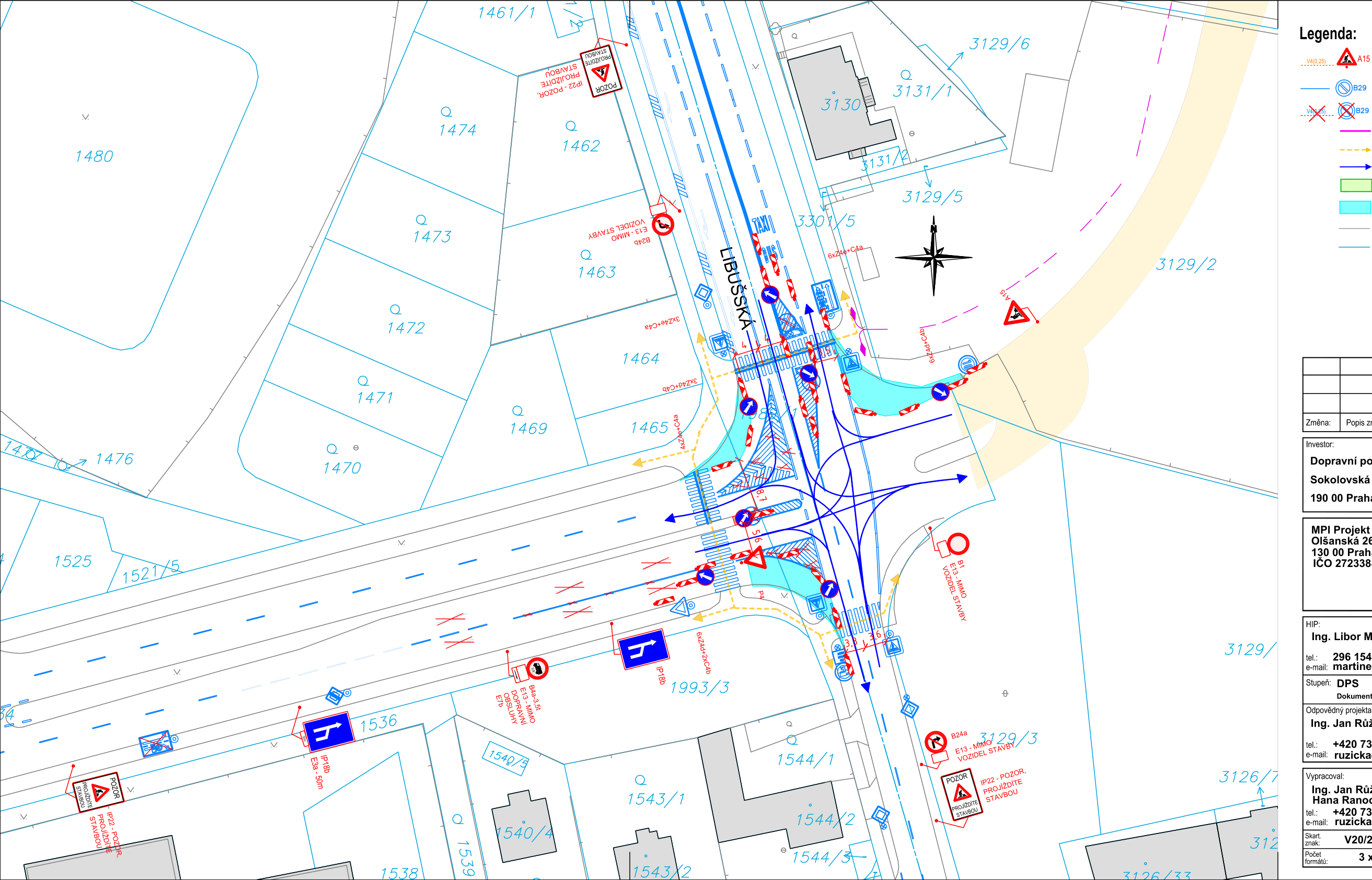 Projekt dopravního značení pro stavbu v oblasti ulice Libušská. Dokument obsahuje situační nákres křižovatky s vyznačením dopravního značení (zákazové značky, příkazové značky, značky 'Pozor, vozidla stavby', šipky směru jízdy). V pravé části je tabulka s informacemi: Investor: Dopravní podnik hl. m. Prahy, a.s., Sokolovská 217/42, 190 00 Praha 9. Projektant: MPI Projekt s.r.o., Olšanská 2643/1a, 130 00 Praha 3, IČO 27233877. HIP: Ing. Libor M., tel.: 296 154 111, e-mail: martinek@mpiprojekt.cz. Stupeň: DPS. Odpovědný projektant: Ing. Jan Růžička, tel.: +420 731 444 444, e-mail: ruzicka@mpiprojekt.cz. Vypracoval: Ing. Jan Růžička, Hana Ranocová, tel.: +420 731 444 444, e-mail: ruzicka@mpiprojekt.cz. Číslo zakázky: V20/2024.