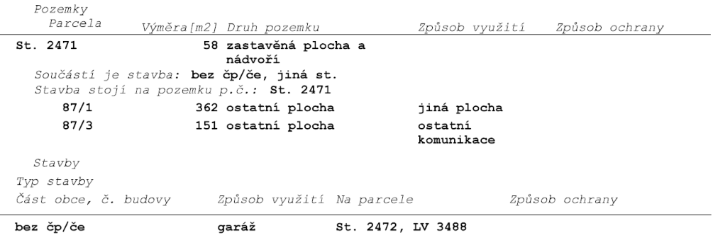 Tabulka s údaji o pozemcích a stavbách: 
Pozemky: 
- Parcela St. 2471, výměra 58 m2, druh pozemku: zastavěná plocha a nádvoří. Součástí je stavba: bez čp/če, jiná st. Stavba stojí na pozemku p.č.: St. 2471.
- Parcela 87/1, výměra 362 m2, druh pozemku: ostatní plocha, způsob využití: jiná plocha.
- Parcela 87/3, výměra 151 m2, druh pozemku: ostatní plocha, způsob využití: ostatní komunikace.
Stavby: 
- Typ stavby: bez čp/če, způsob využití: garáž, na parcele: St. 2472, LV 3488.