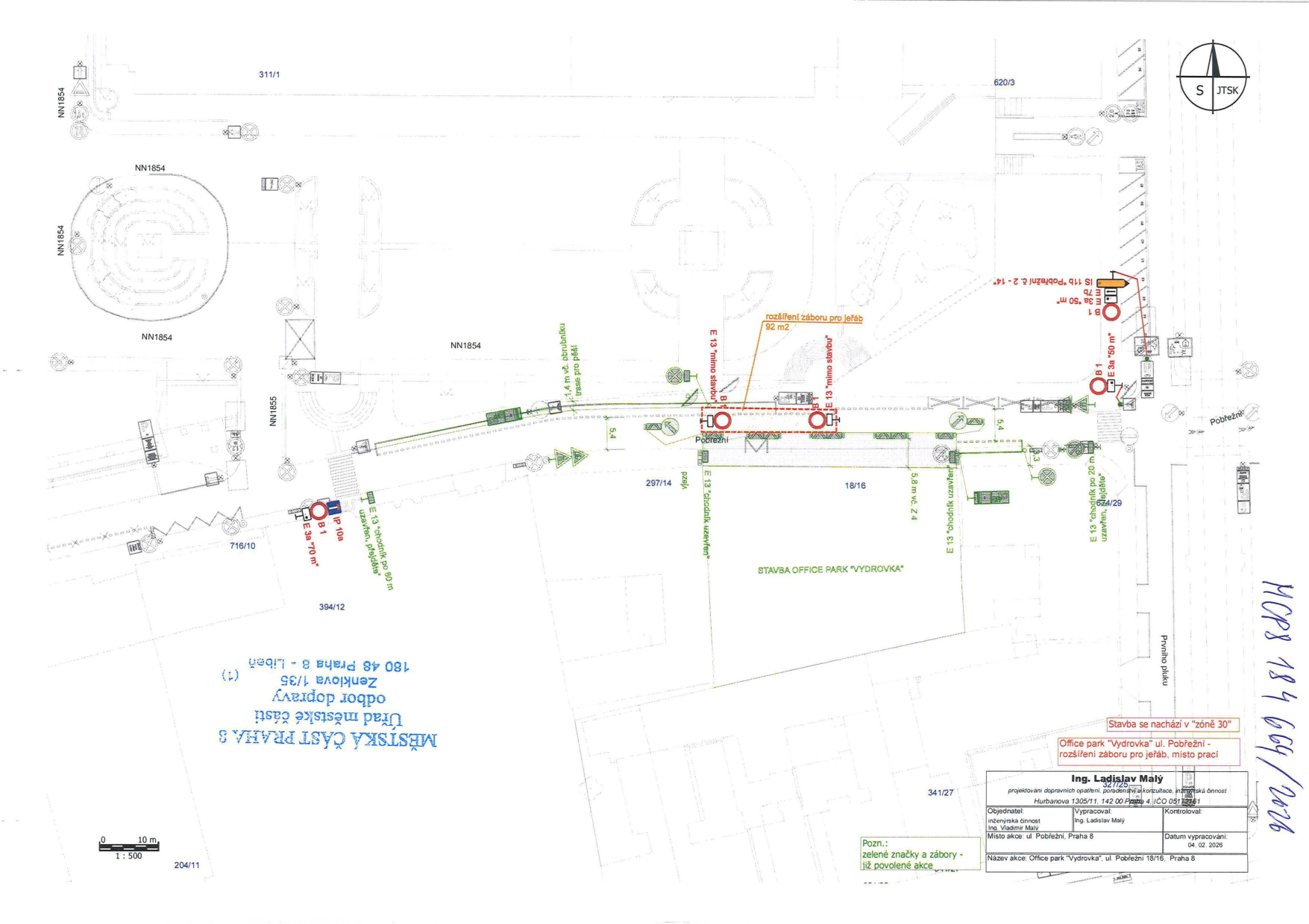 Situační nákres dopravního značení a záboru veřejného prostranství pro stavbu Office park Vydrovka.