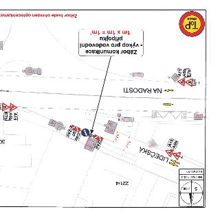 S JTSK, Měřítko: 1:350, Formát: A4. Ulice LIDEČSKÁ a NA RADOSTI. Značení a rozměry (5,5 m, 4,5 m). Textový box: 'Zábor komunikace - výkop pro vodovodní přípojk…
