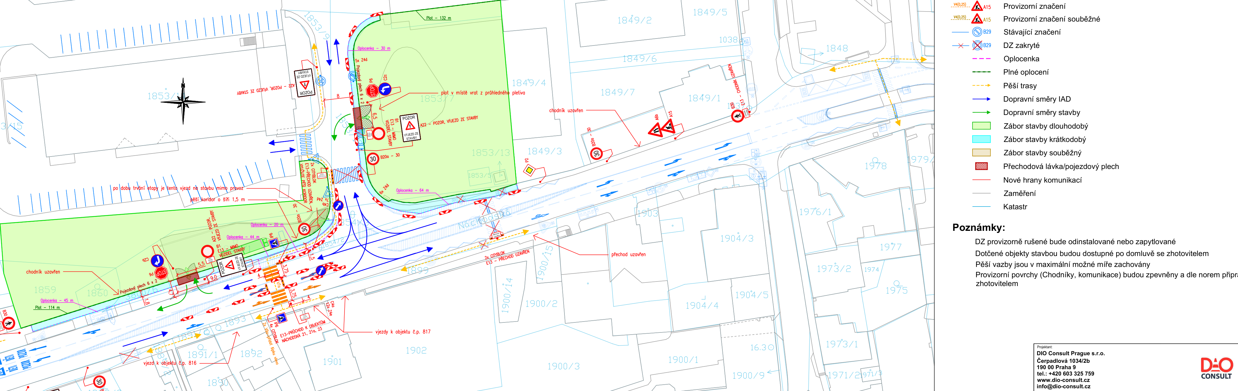 Koordinační situace dopravního značení a záborů veřejného prostranství při stavebních pracích.