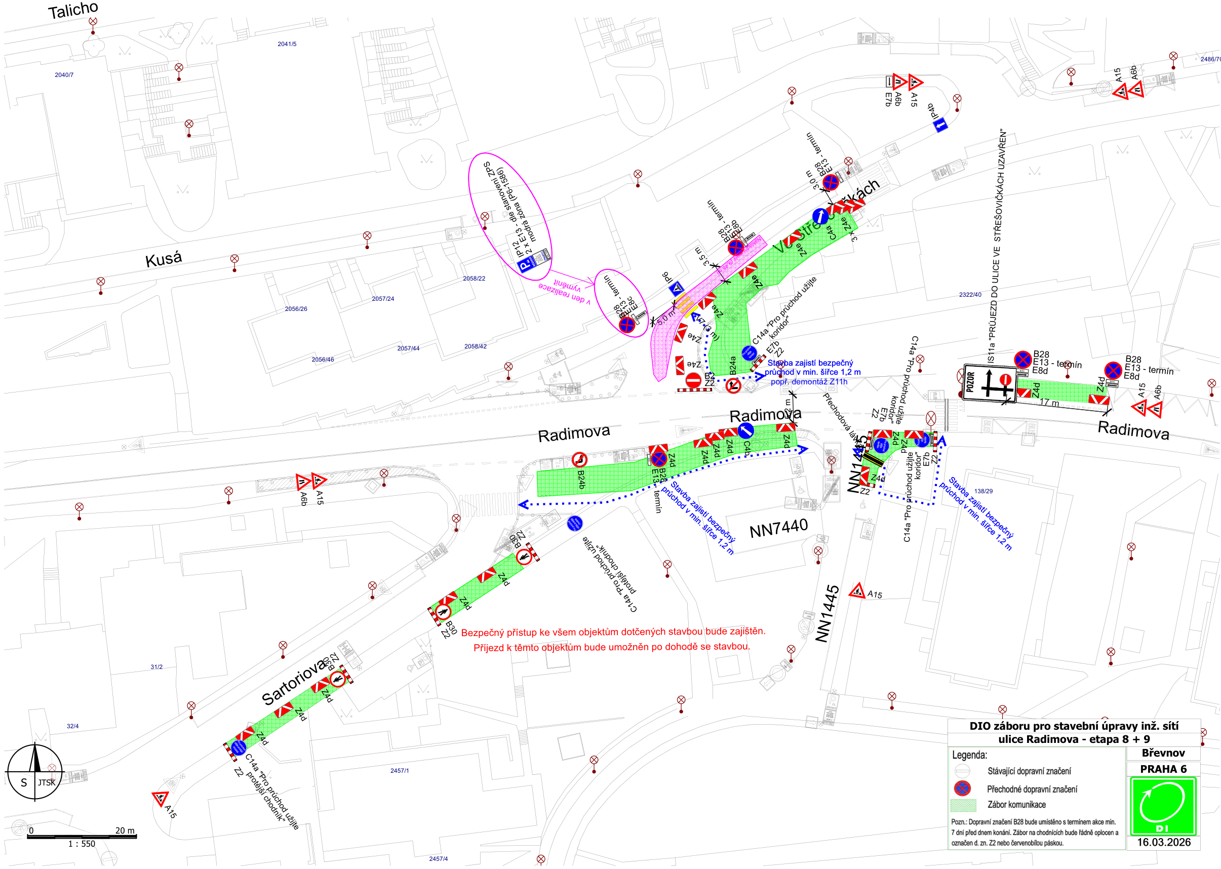 Plán dopravního značení (DIO) pro stavební úpravy inženýrských sítí v ulici Radimova, Praha 6, etapa 8 + 9. Datum dokumentu: 16.03.2026. Mapa zobrazuje uzavírky a omezení v ulicích Radimova, Sartoriova a Střešovická. Obsahuje legendu: stávající dopravní značení, přechodné dopravní značení, zábor komunikace. Poznámka: Dopravní značení B28 bude umístěno s termínem akce min. 7 dní před dnem konání. Zábor na chodnících bude řádně oplocen a označen značkou Z2 nebo červenobílou páskou. Texty v mapě: 'Bezpečný přístup ke všem objektům dotčených stavbou bude zajištěn. Příjezd k těmto objektům bude umožněn po dohodě se stavbou.', 'Stavba zajistí bezpečný průchod v min. šířce 1,2 m', 'C14a Pro průchod užijte protější chodník', 'IP12 + E13 - dle stanovení ZPS modrá zóna (P6-1586)'.