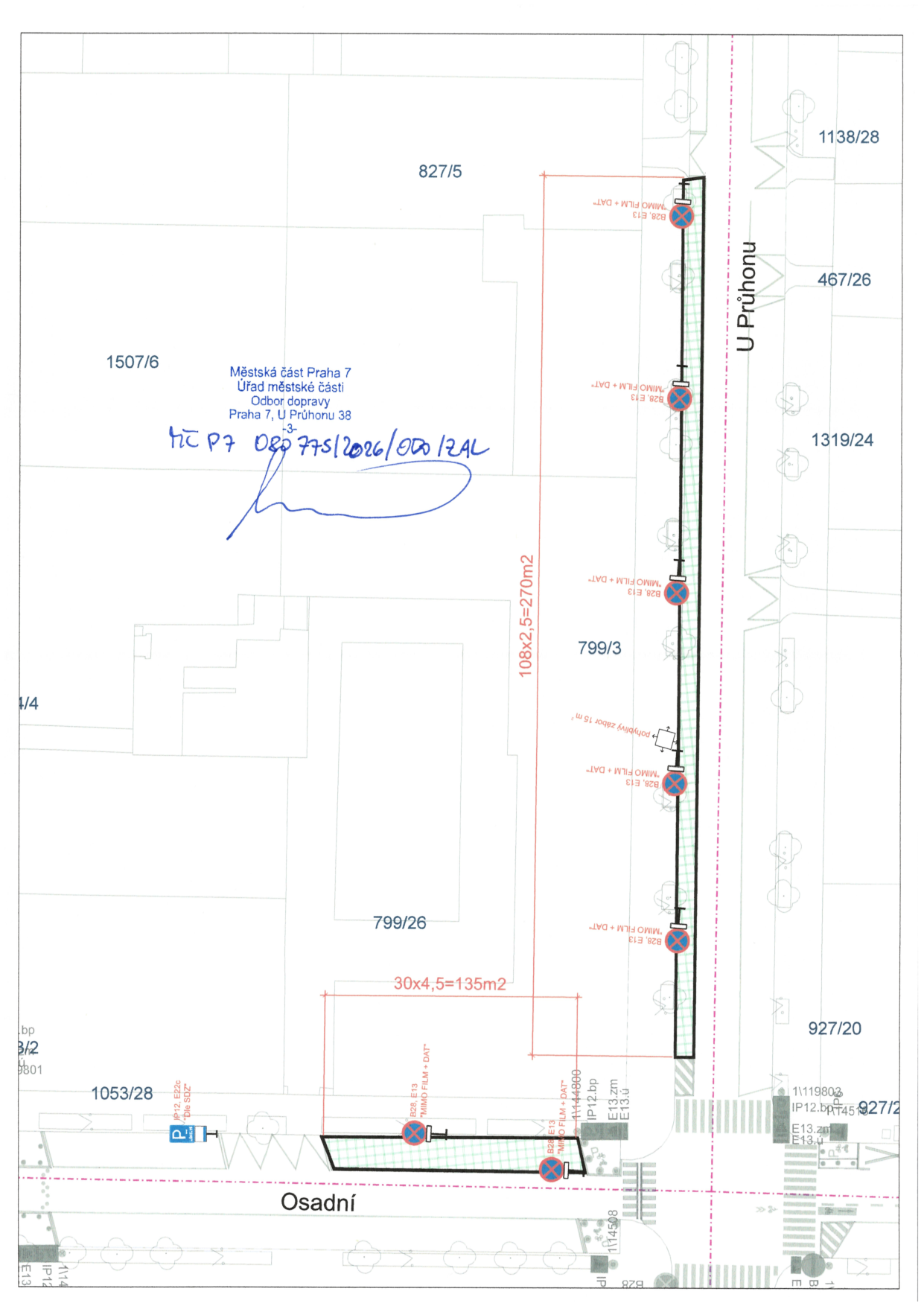 Situační nákres dopravního značení a záboru veřejného prostranství v ulicích U Průhonu a Osadní.