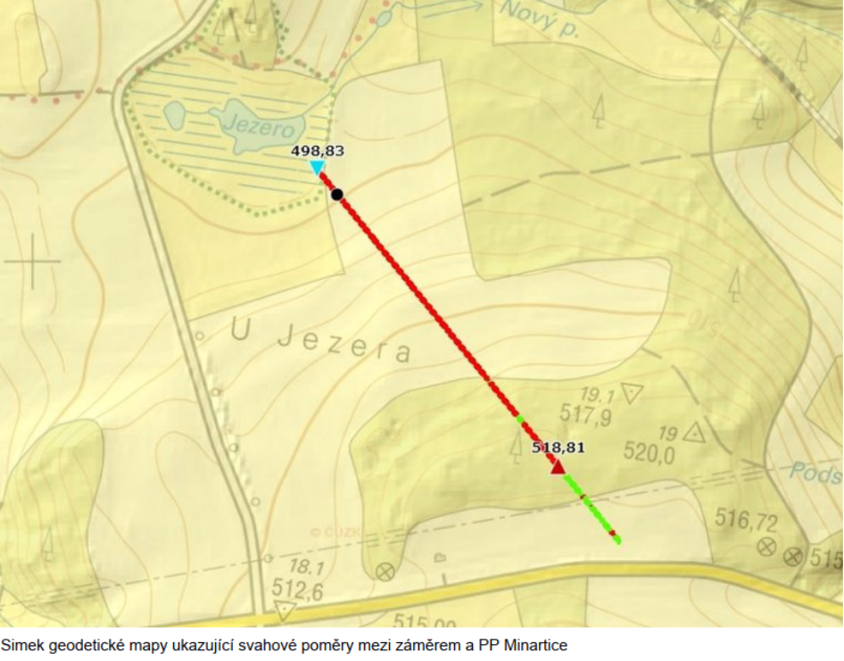 Geodetická mapa znázorňující svahové poměry mezi záměrem a PP Minartice. V mapě jsou vyznačeny výškové body 498,83 (u vodní plochy 'Jezero') a 518,81. Dále jsou v mapě patrné další výškové údaje (19.1 517,9; 19 520,0; 18.1 512,6; 516,72; 515,00) a textové popisky 'Nový p.', 'U Jezera', 'Pods' a 'ČÚZK'.