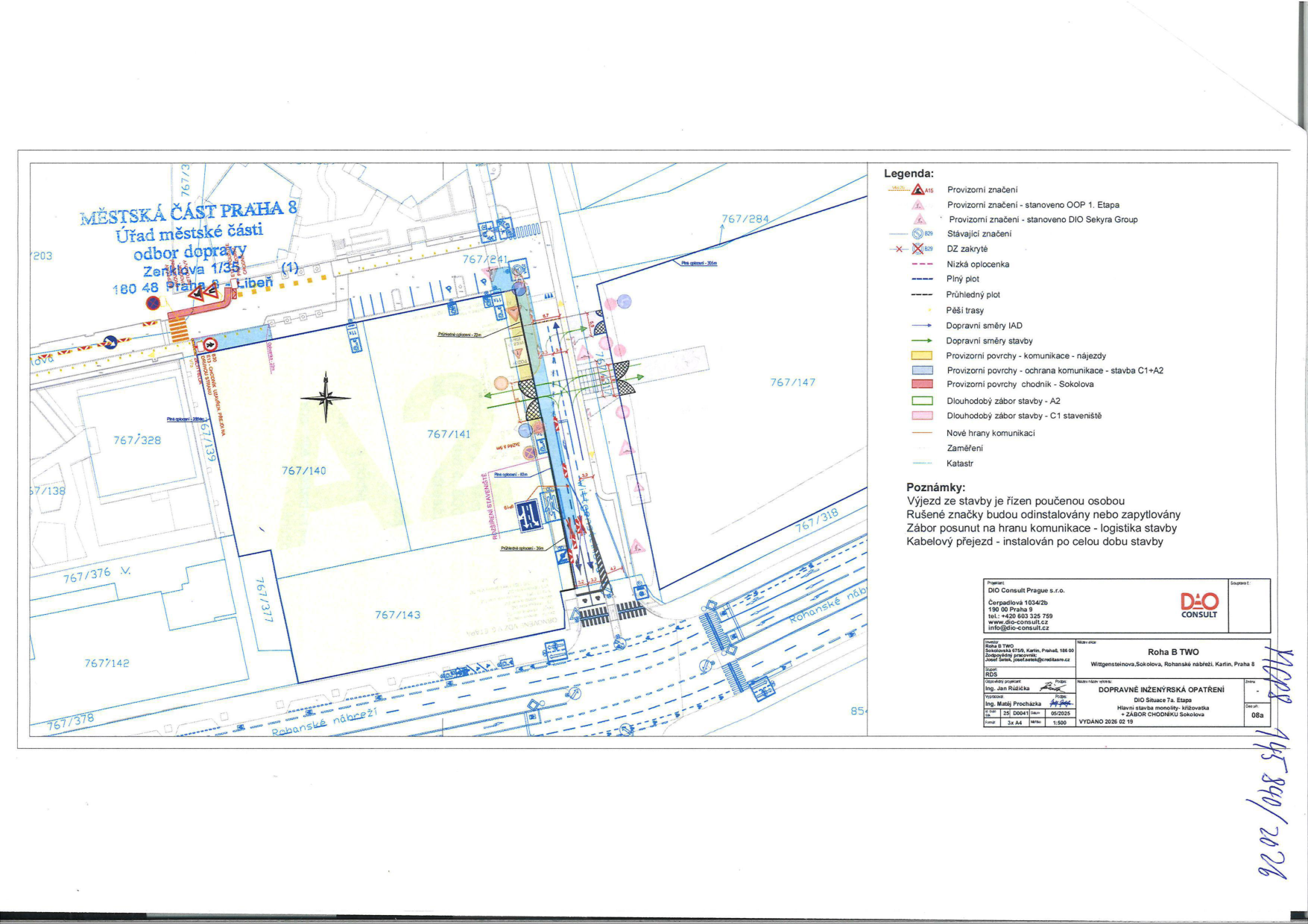 Dopravně inženýrské opatření (situační plán) stavby v oblasti Rohanského nábřeží.