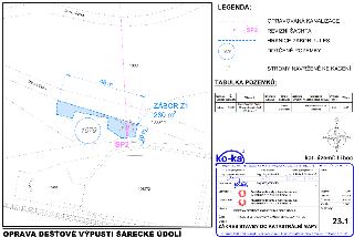 Katastrální mapa zobrazující ZÁBOR Z1 o rozloze 280 m2 (parc. č. 1333/11) s vyznačenou opravovanou kanalizací, revizní šachtou (SP2), hranicí záboru - les, dot…