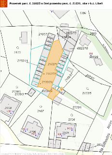 Katastrální mapa zobrazující pozemek parc. č. 2103/2 a část pozemku parc. č. 2102/1, oba v k.ú. Libeň, s vyznačenými okolními parcelami jako např. 2101/1, 2100…
