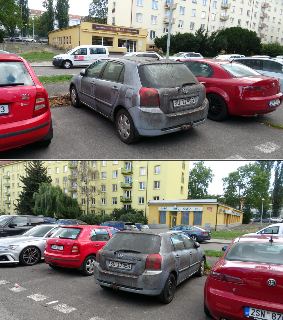 Fotografie parkoviště s auty před žlutou budovou s nápisy 'POTRAVINY KOLOBOK SPECIALITY' a 'GATO', registrační značky vozidel v záběru: SU 17458, 2SN 8705, 6U4…