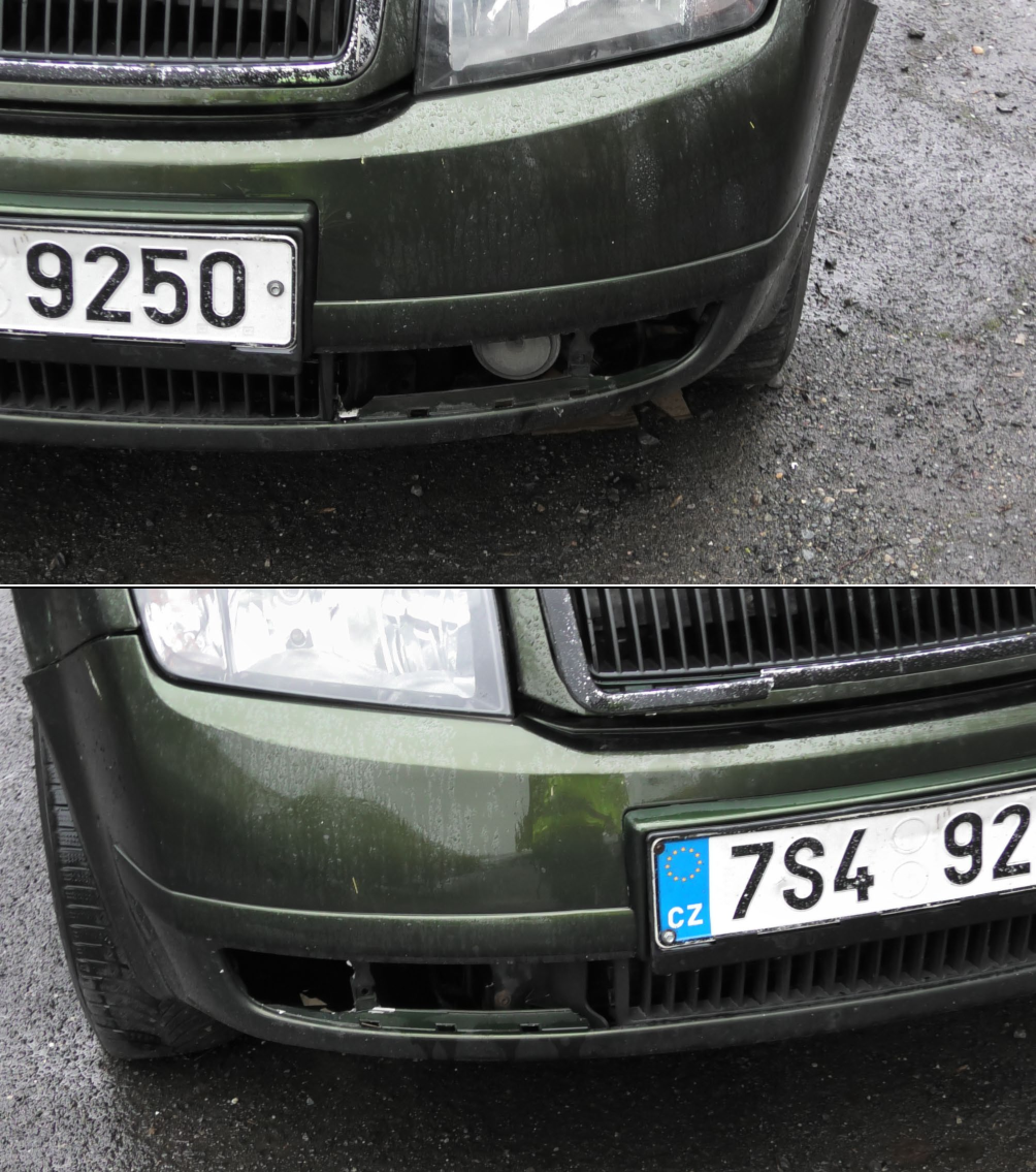 Fotografie poškozeného předního nárazníku osobního vozidla.