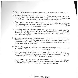 Textová část smlouvy obsahující body 5 až 12 a nadpis oddílu X. ZÁVĚREČNÁ USTANOVENÍ. 5. Výpověď smlouvy musí být písemná s uvedením důvodů. 6. Výpovědní lhůta…
