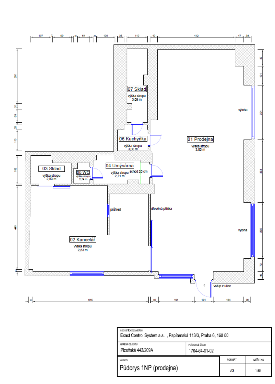 Půdorys 1. nadzemního podlaží nebytových prostor (prodejna) na adrese Plzeňská 442/209A.