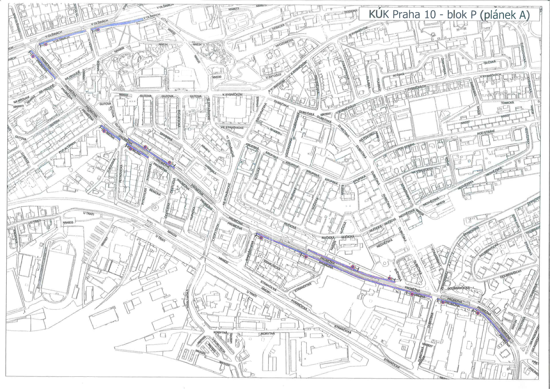 Situační plán s vyznačenými úseky v ulici Průběžná v Praze 10.