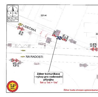 Situační plán dopravy a záboru komunikace na ulici Lidečská a Na Radosti. Obsahuje měřítko 1:350, formát A4, parcelní číslo 221/4. Označení rozměrů (5,5 m, 4,5…