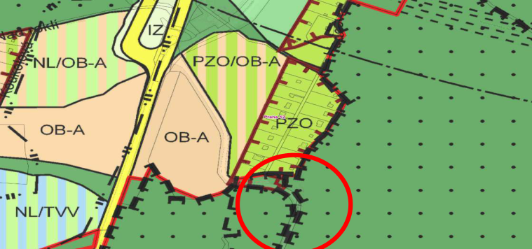 Výřez územního plánu s vyznačenými funkčními plochami: NL/OB-A (nestavební/obytné), OB-A (obytné), IZ (infrastruktura), PZO/OB-A (příměstská zeleň/obytné) a PZO (příměstská zeleň). Červeně zakroužkovaná oblast zobrazuje zástavbu v rámci plochy PZO. V mapě je patrný nápis 'Praha 12'.