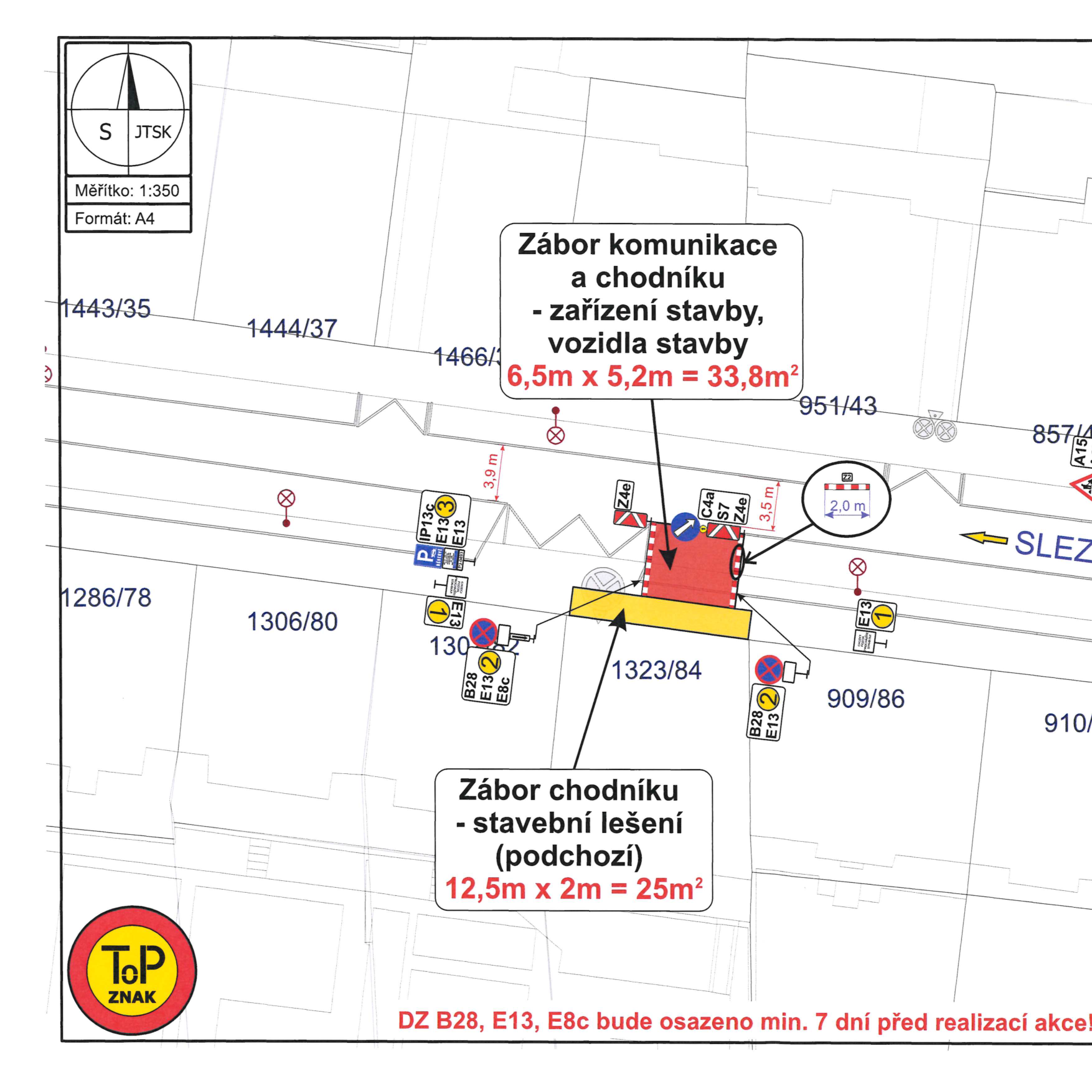 Situační nákres záboru komunikace a chodníku pro stavební účely.