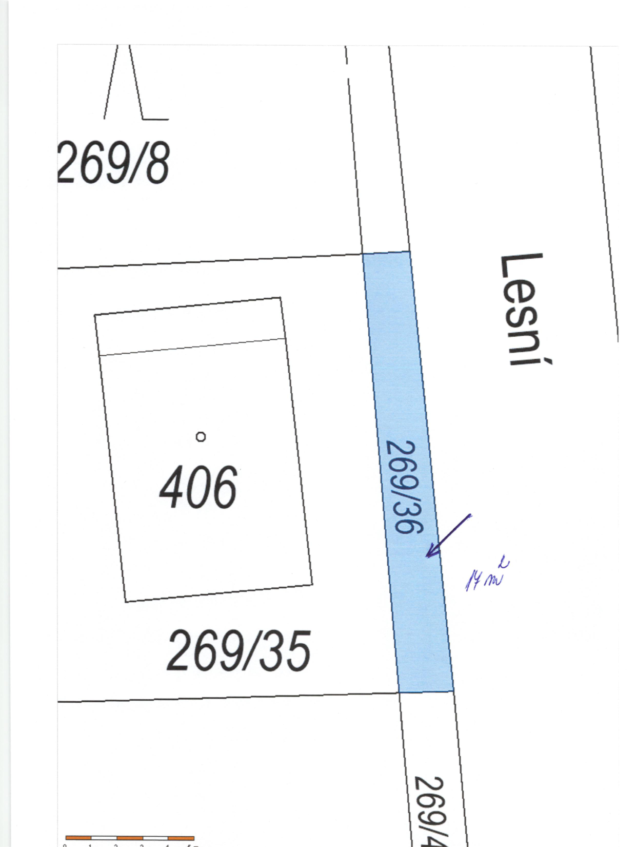 Výřez z katastrální mapy znázorňující parcelu č. 269/36 o výměře 14 m².