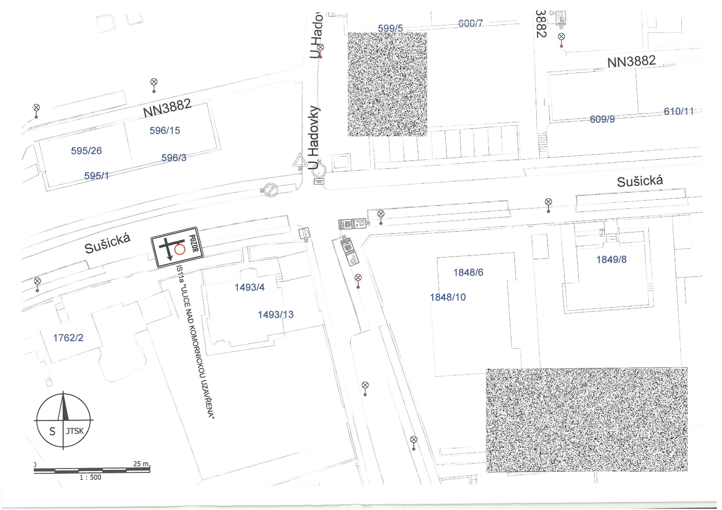 Situační nákres území s katastrálními parcelami v oblasti ulic Sušická a U Hadovky.