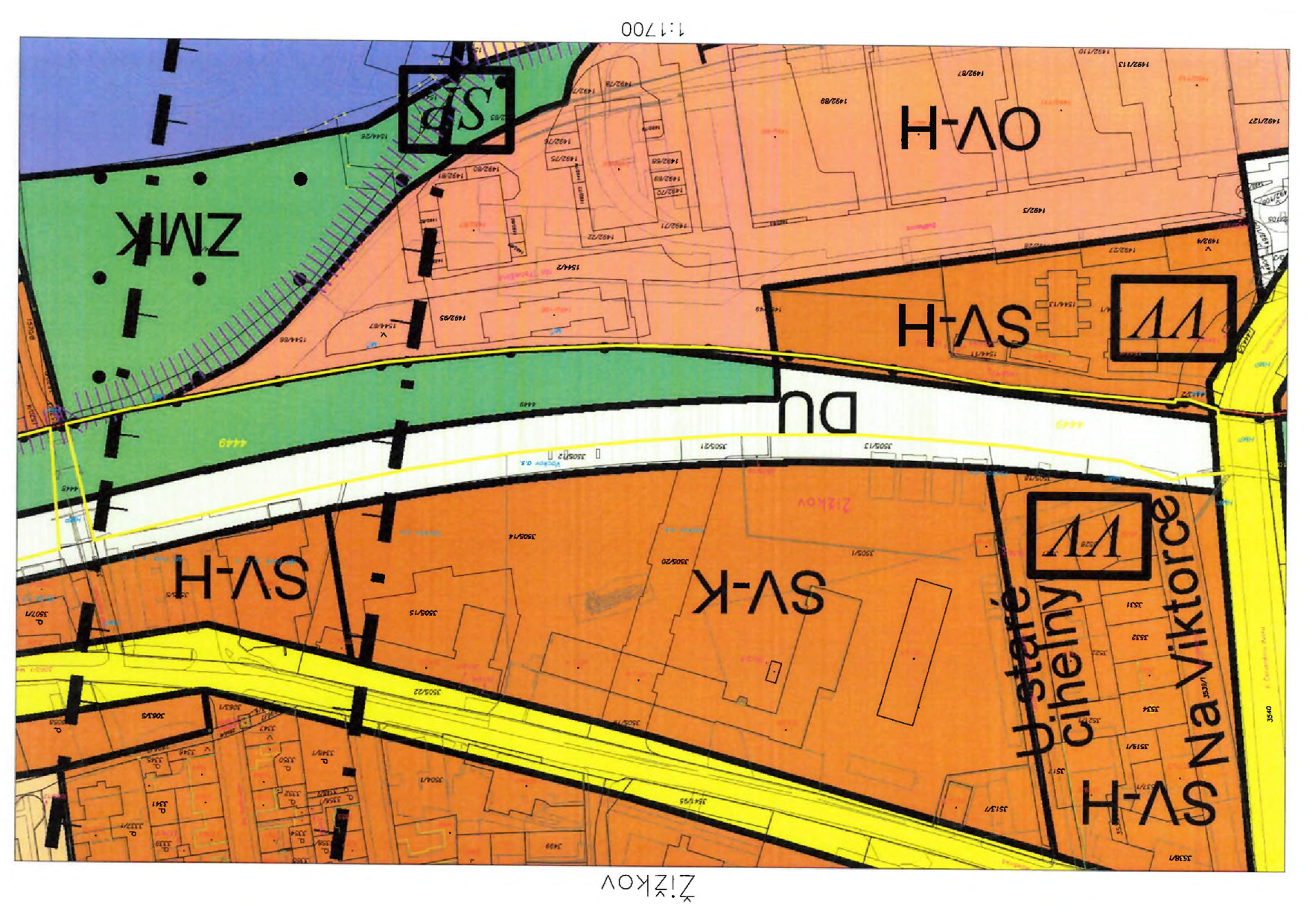 Výřez z územního plánu s vyznačením funkčních ploch a parcel v lokalitě Žižkov.