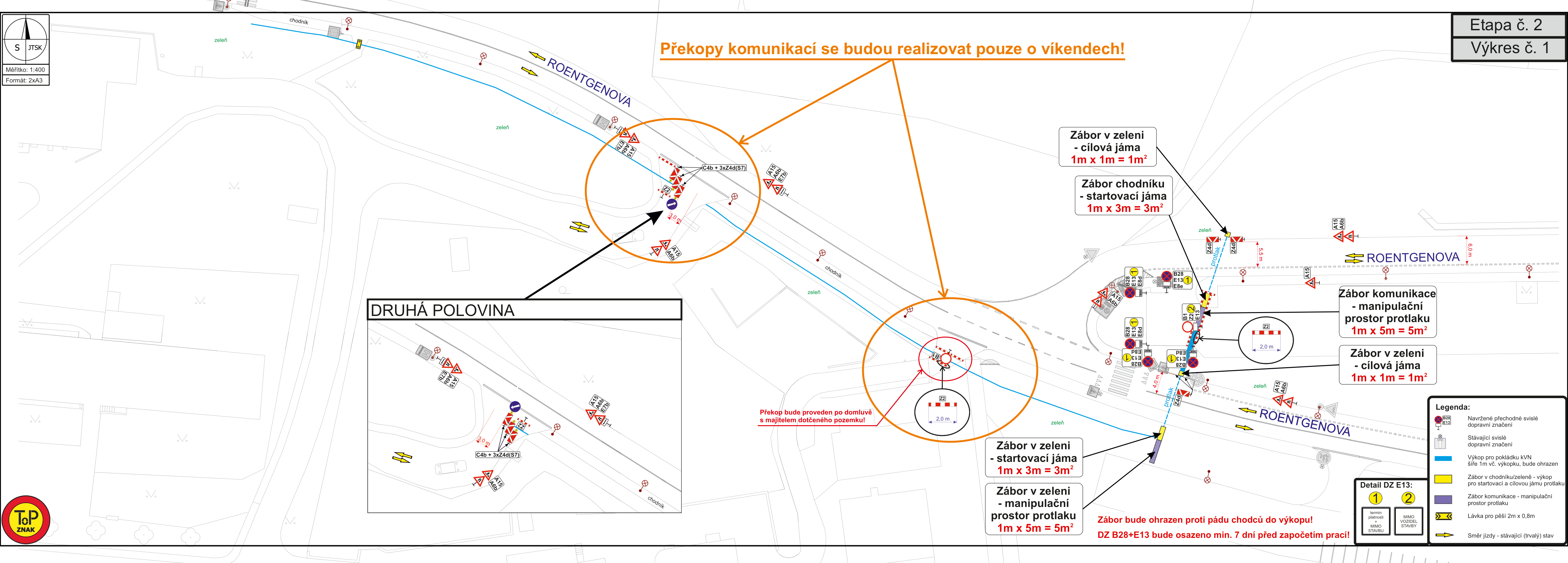 Koordinační situace dočasného dopravního značení pro provádění výkopových prací na ulici Roentgenova.