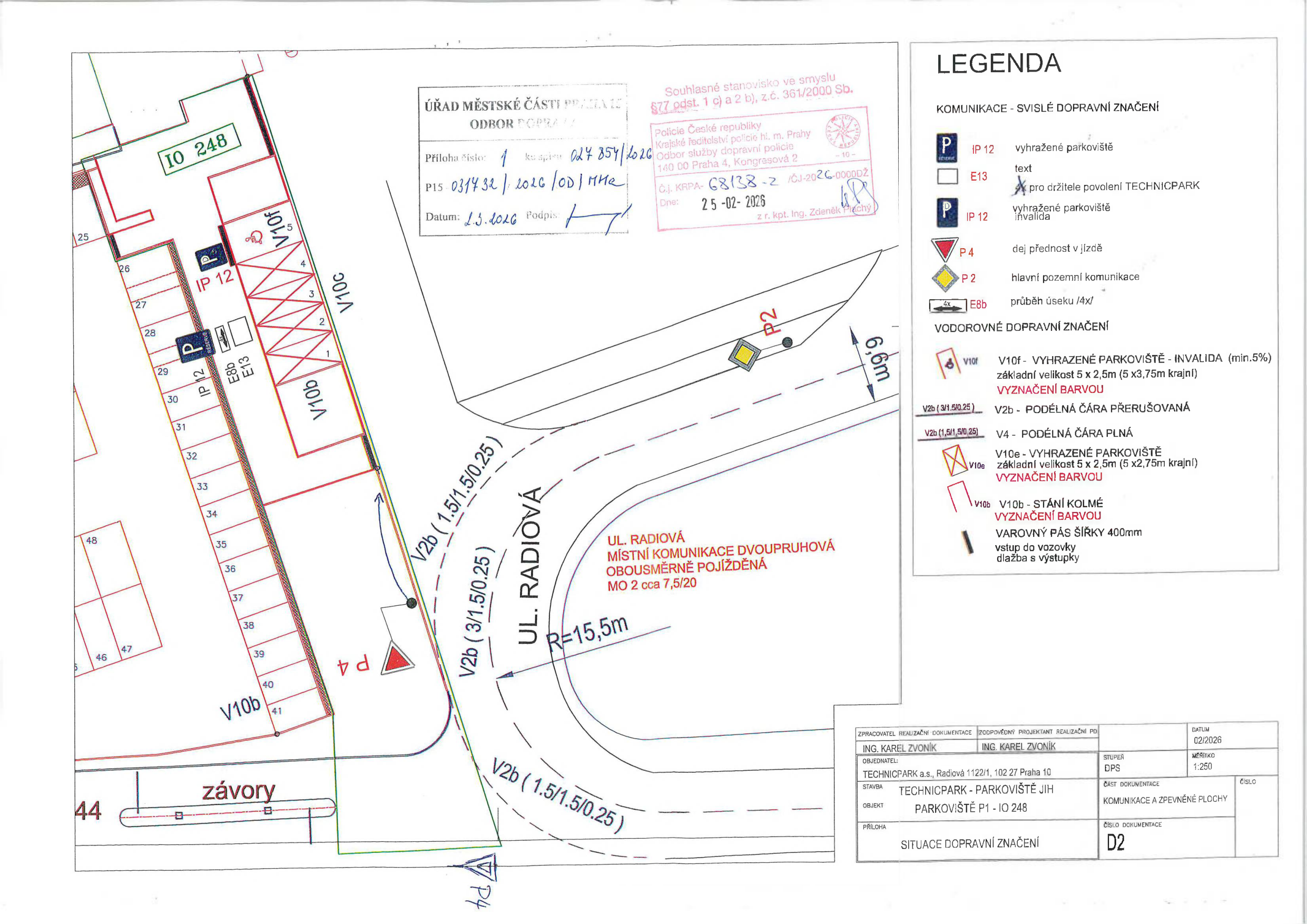 Situační nákres dopravního značení parkoviště u ulice Radiová.